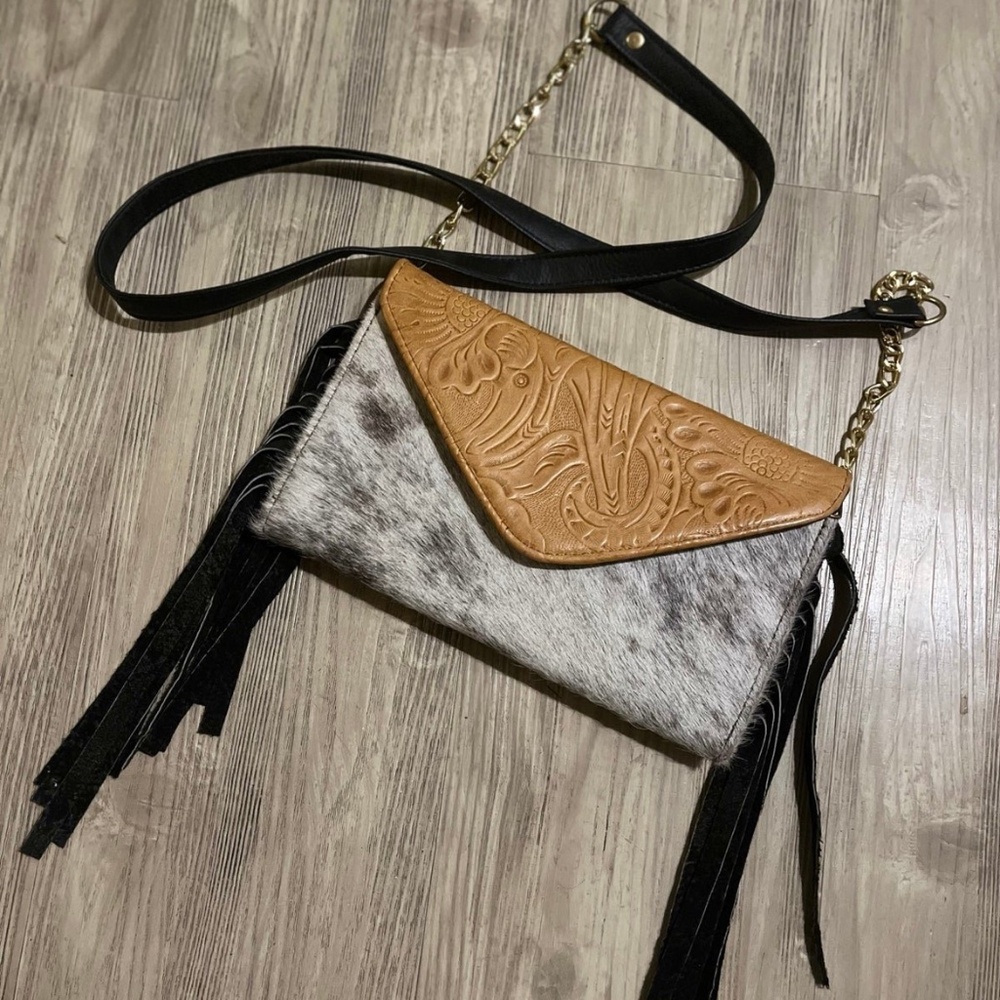 Tooled leather cowhide crossbody